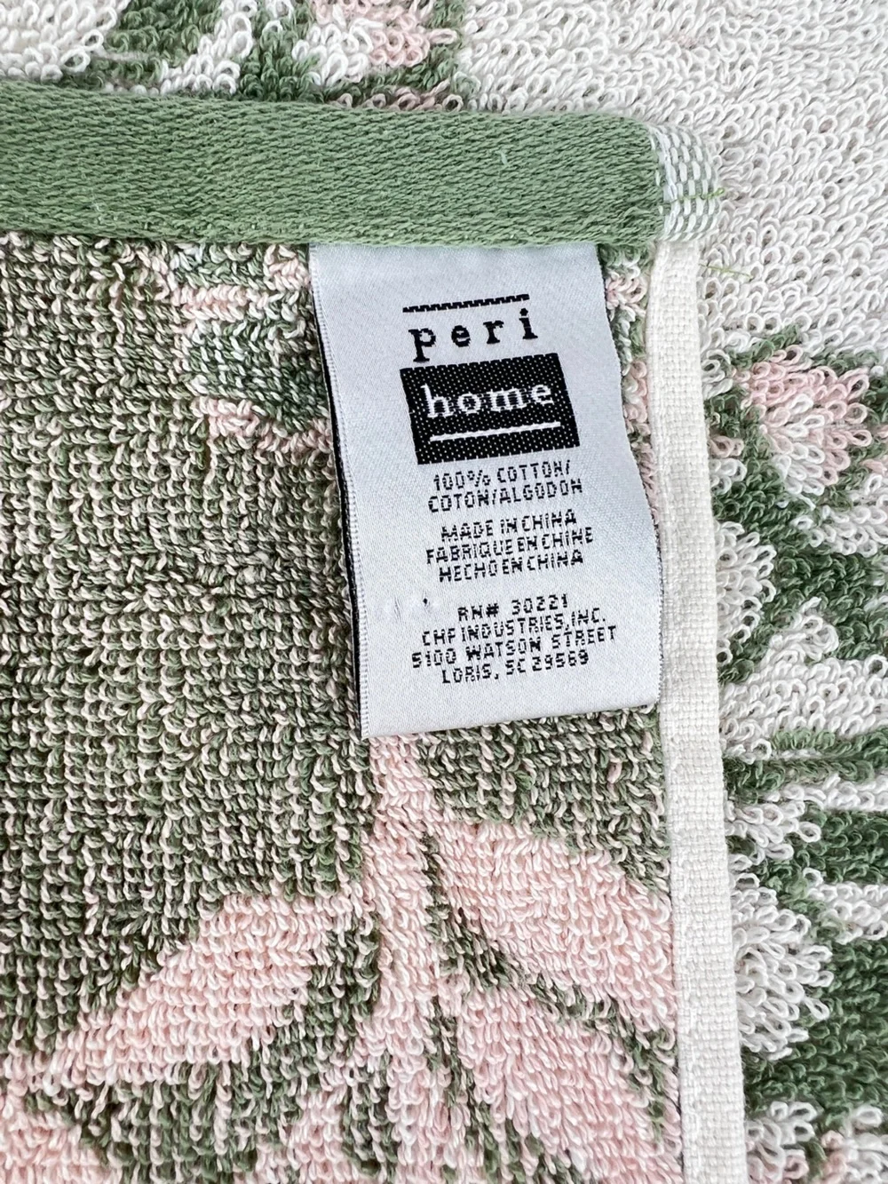Peri Home Bath Towel Set Green Pink Off White Floral Design 100% Cotton 8 Pc NEW